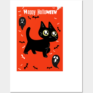 "Happy Halloween" Cute Black Kitten Posters and Art